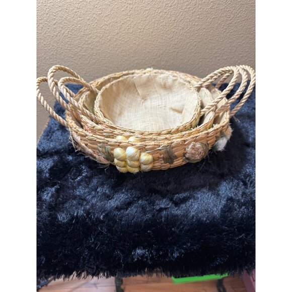Vintage Hand Woven Nesting Seagrass Rustic Baskets Fruit Handles Set Of 3 - Picture 1 of 10